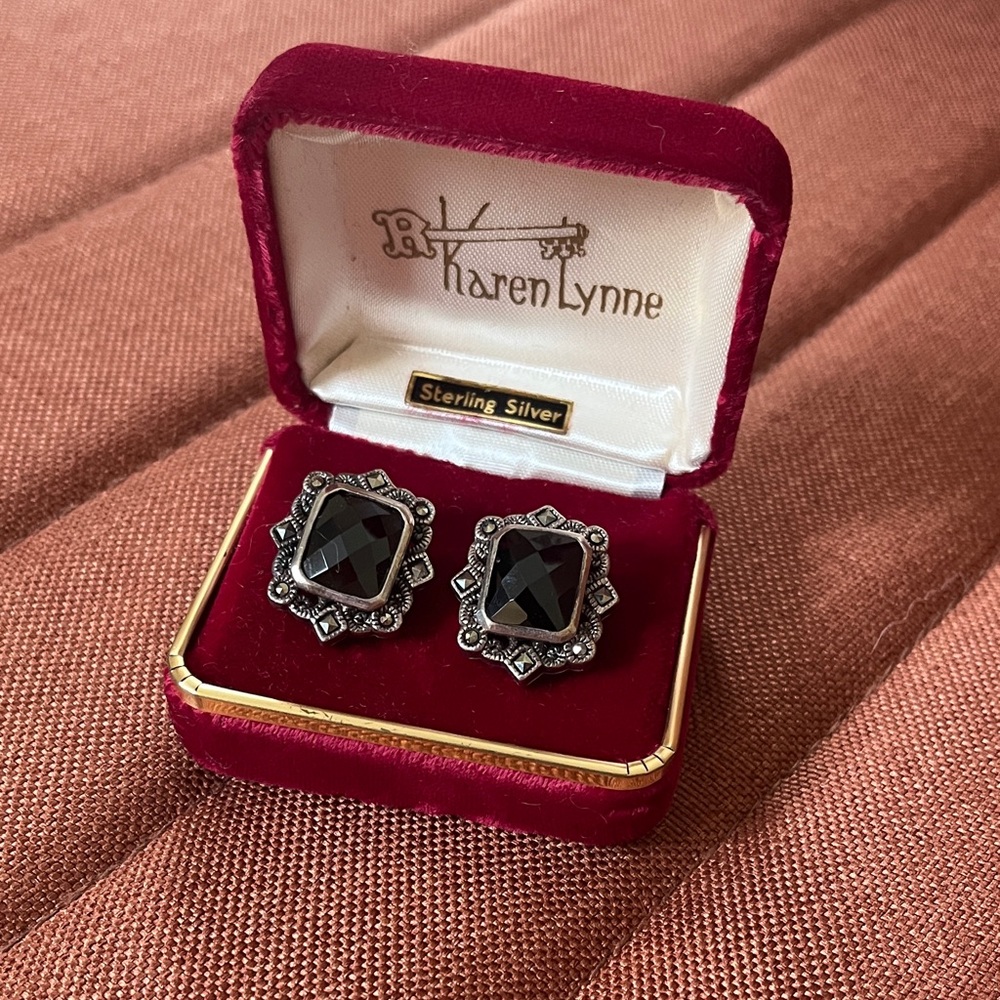 Vintage Sterling Silver Black Agate Clip Earrings